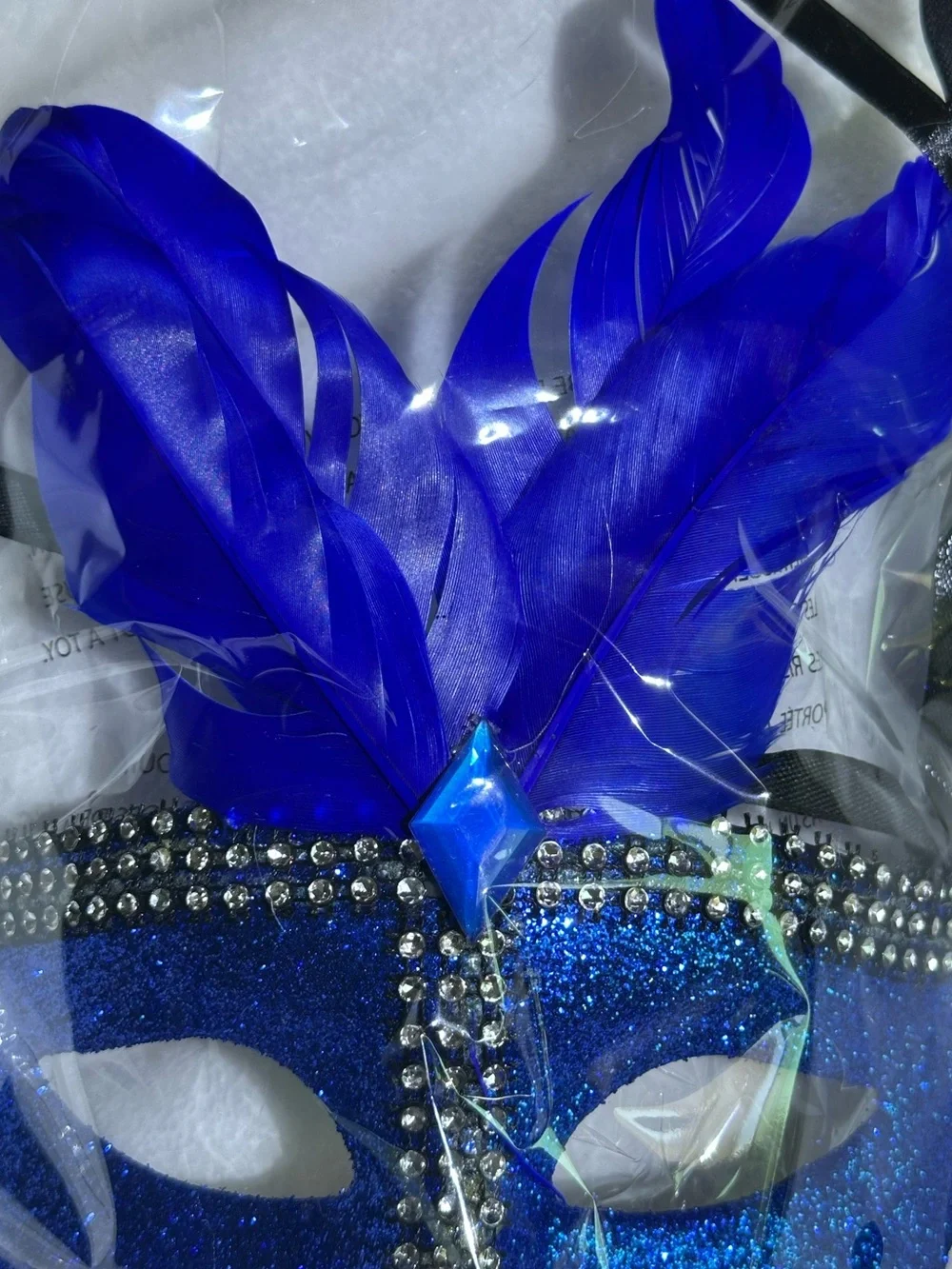 🎭 Blue Glitter Masquerade Mask with Feathers Rhinestones Mardi Gras Costume 🎭